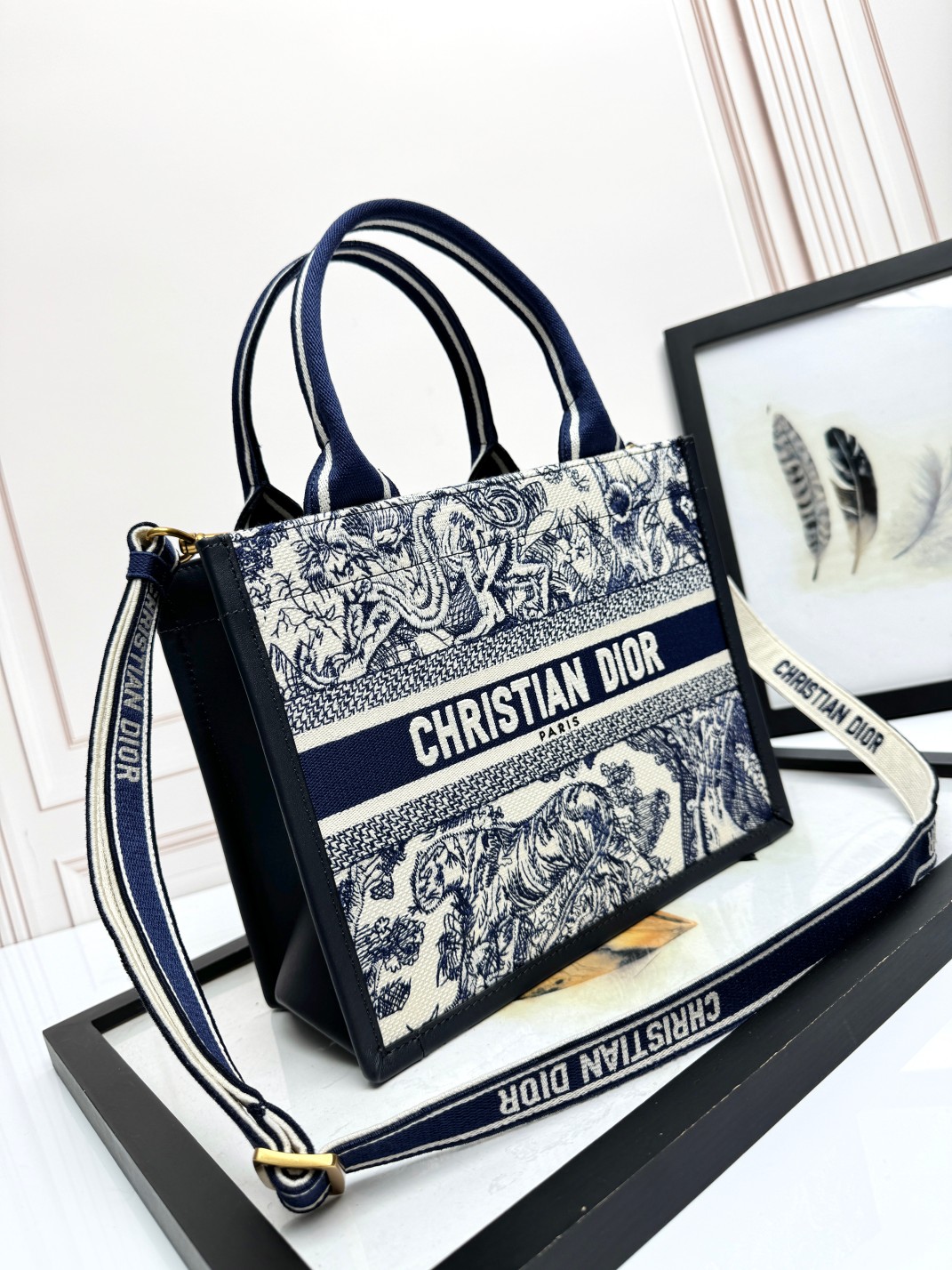 Small Dior Book Tote Bag White and Navy Blue Toile de Jouy Sauvage Embroidery with Navy Blue Calfskin